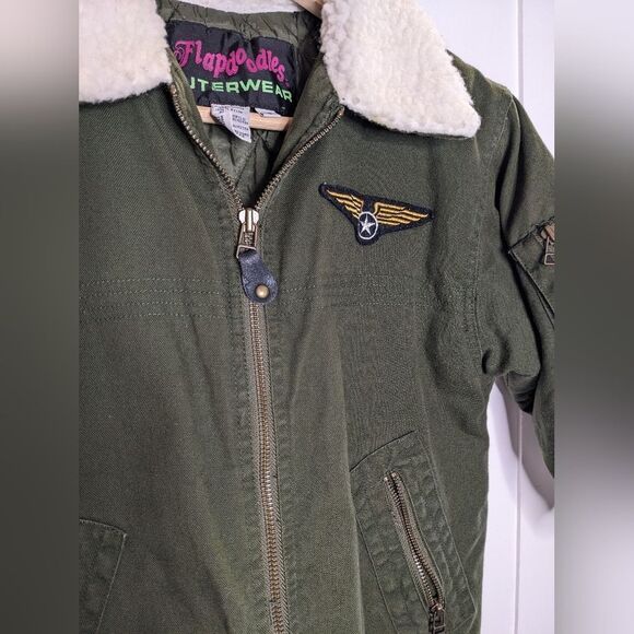 Boys Forest Green Airborne Pilots Jacket with Patches and Wool Style Collar sz 5 - Picture 2 of 7